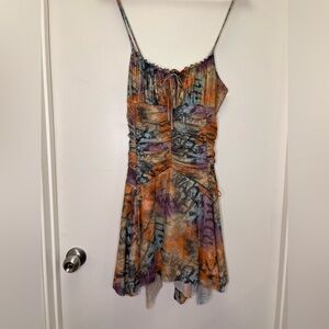 Hot Topic Just Polly Mesh Dress Y2K Grunge Fairy Ruched Mini Abstract Print NWT